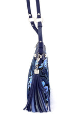 Tote Bag - small - (Rosie) Aboriginal print fabric with navy blue leather, showing tassel & ring adjustments