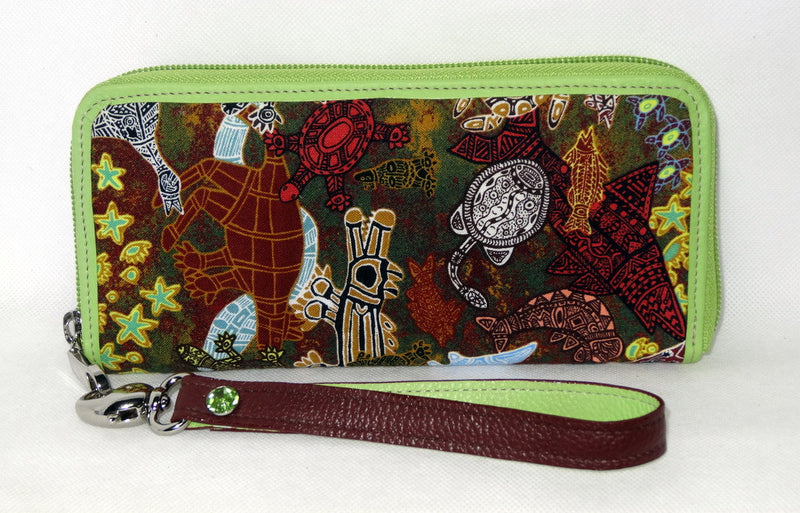 Michaela  Red kangaroo fabric lime leather ladies zip around purse side 2