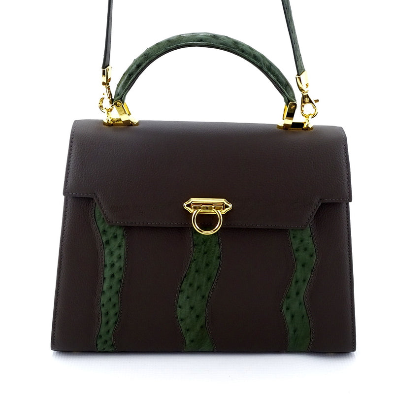 Handbag -traditional - (Joan) Grey & green combination & gold fittings.  Mid grey leather with green ostrich skin leather showing shoulder strap attacements