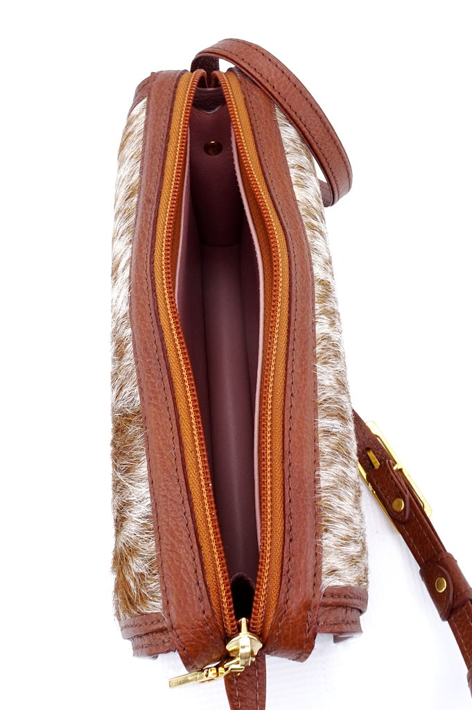Handbag - small - (Riley) Cross body bag - Tan & cream HOH showing lovely blush pink inside lining