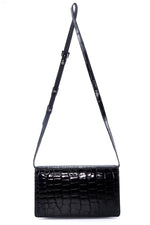 Handbag - cross body - (Tanya)  Black Glaze crocodile. Black glaze Australian saltwater crocodile leather handbag. This photo showing the front view with shoulder strap attached and fully extended, showing back view.