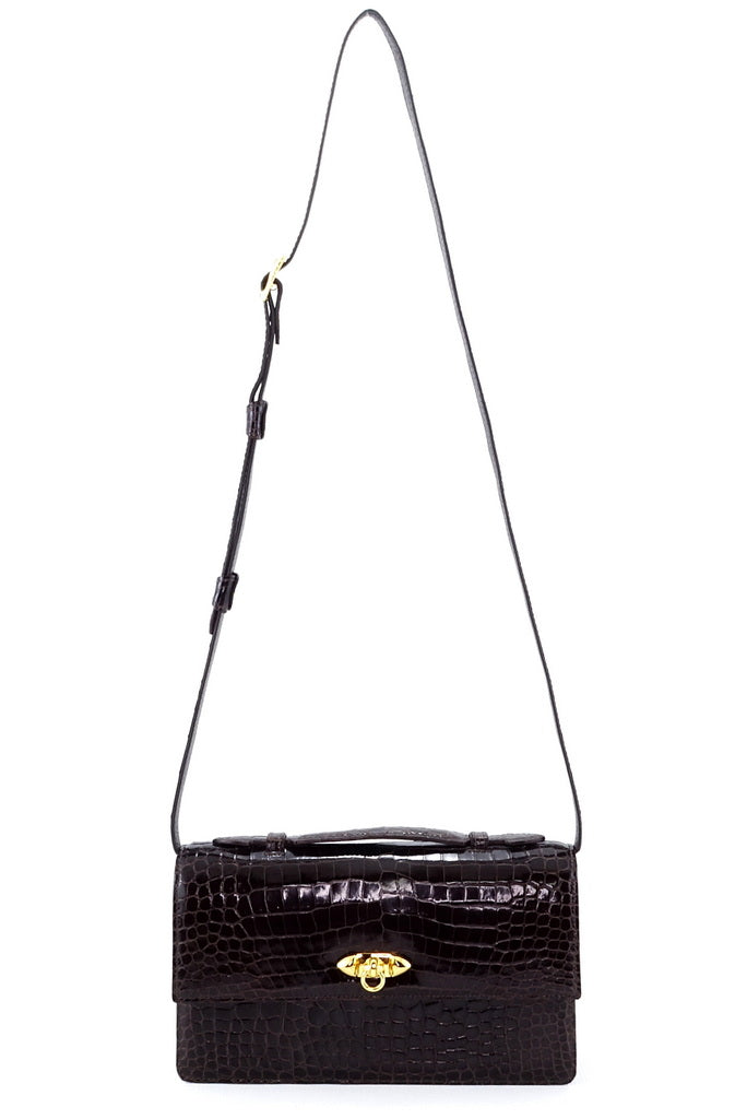Handbag - cross body - (Tanya) Dark brown crocodile with handle. A long view from the front with the shoulder straps fully extended