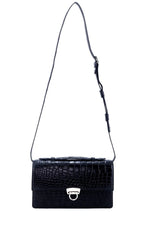 Handbag - cross body - (Tanya)  Black matt crocodile with Handle. A front view with shoulder straps fully extended and lid handle sitting flat.