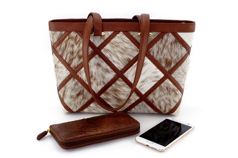 Emily  Tan Hair on hide patchwork leather tote bag with zip purse & phone