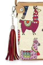 Tote Bag - small - (Rosie) Llama print fabric with beige leather trim side view of tassel