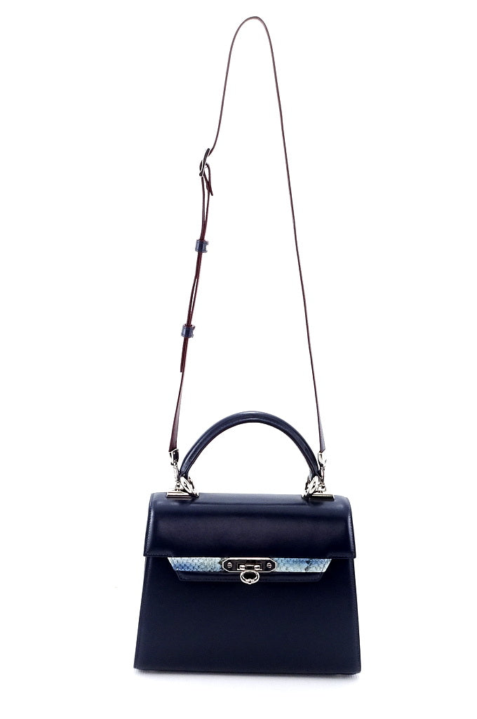 Handbag - traditional -(Beverly) Navy blue & burgundy & blue leather showing front full view with shoulder straps extended