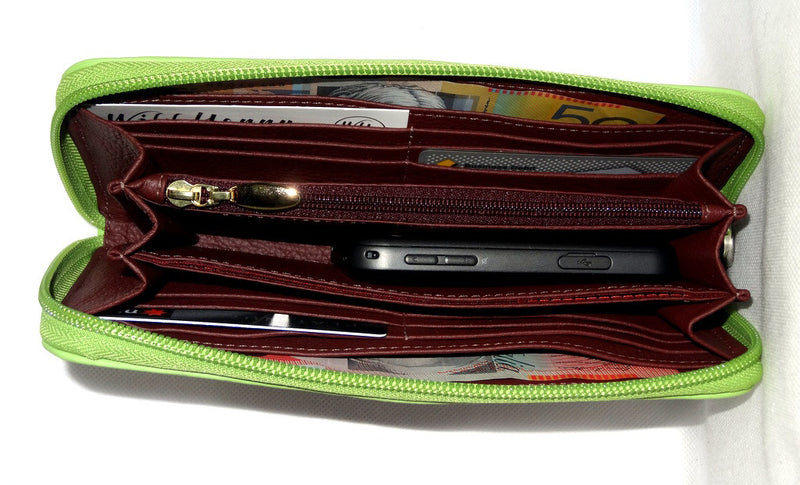 Michaela  Red kangaroo fabric lime leather ladies zip around purse inside pocket layout