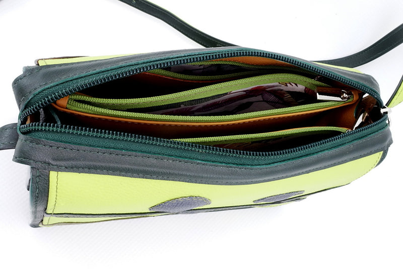 Handbag - small - (Riley) Cross body bag - Lime, green, grey & brown showing inside pocket open showing fabric lining