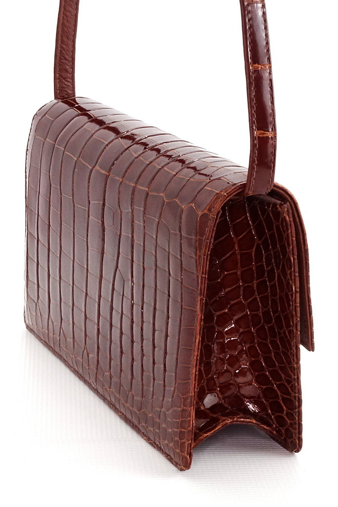 Handbag - cross body - (Tanya)  Cognac Tan glaze finish crocodile. The gusset and back view of the crocodile clutch bag.