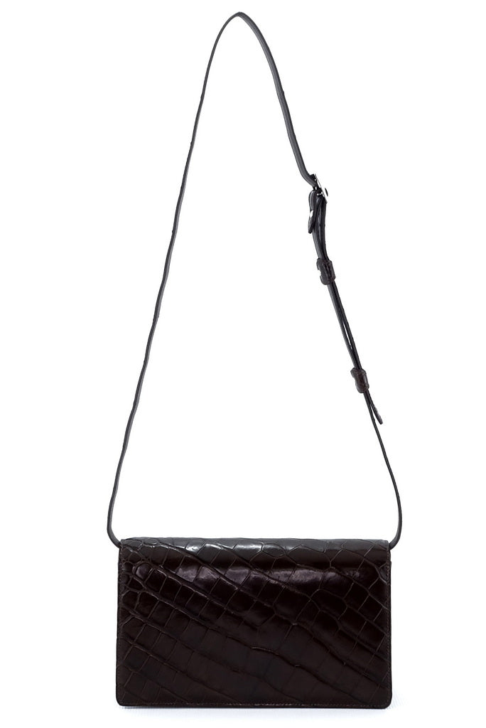 Handbag - cross body - (Tanya)  Chocolate matte crocodile, showing the shoulder straps extended from the back view.