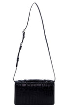 Handbag - cross body - (Tanya)  Black matt crocodile with Handle. The back view with the shoulder straps fully extended and lid handle sitting flat.