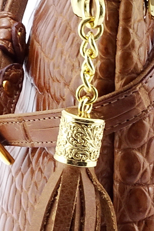 Tote Bag - small - (Rosie) Saddle tan crocodile skin showing tassel cap details