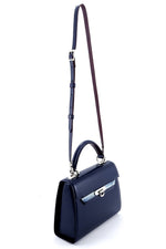 Handbag - traditional -(Beverly) Navy blue & burgundy & blue leather showing shoulder straps extended on an angled view from the front