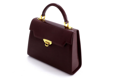 Handbag -traditional - (Joan) Brown gloss leather with gold fittings showing front view & gusset angled view