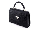 Handbag -traditional - (Joan)  Black ostrich skin leather showing front and side gusset view