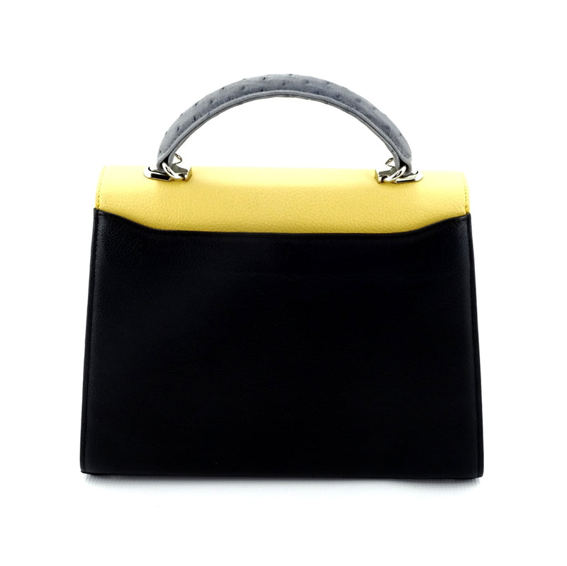 Handbag -traditional - (Joan) Black, lemon & grey colour combination showing back slip pocket