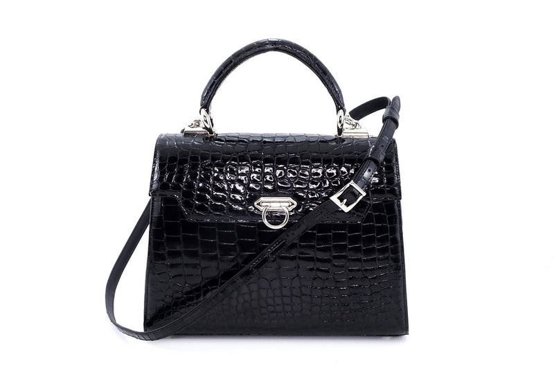 Handbag -traditional - (Joan) - Black glaze crocodile with nickel fittings. This photo shows the front of the Joan with shoulder straps attachedtings