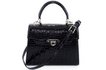 Handbag -traditional - (Beverly) - Black matt crocodile. This is a view of the front of the bag with the shoulder strap attached and drapped around the bag.