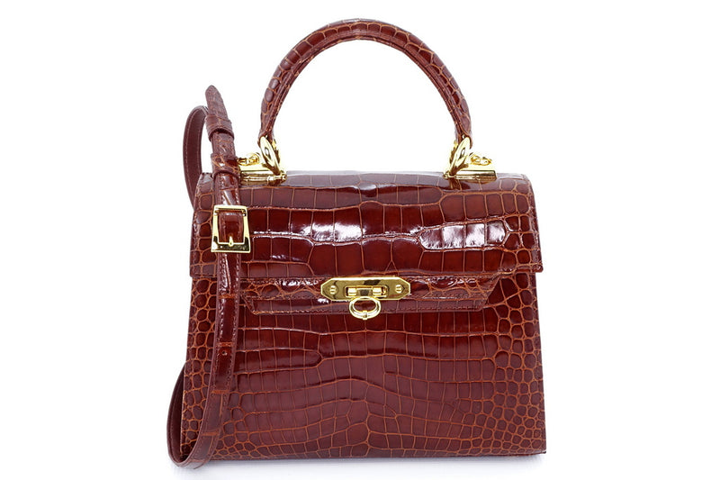 Handbag -traditional - (Beverly) Cognac tan glaze crocodile. This photo showing the front view with shoulder strap attached.