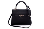 Handbag -traditional - (Beverly) - Black textured leather. this is the front view with shoulder strap attached.