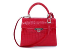 Handbag -traditional - (Beverly) Red matt crocodile showing front view of handbag with shoulder strap attached.