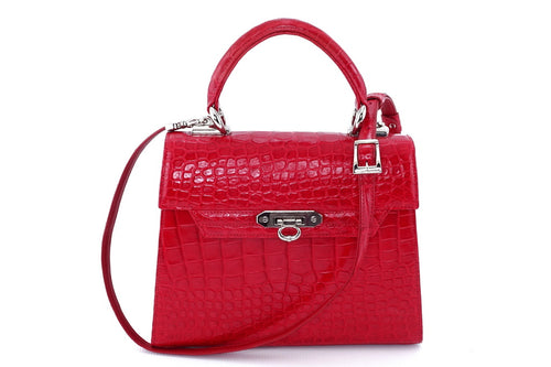 Handbag -traditional - (Beverly) Red matt crocodile showing front view of handbag with shoulder strap attached.