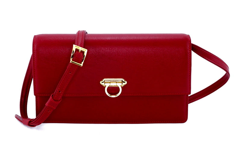 Handbag - cross body - (Tanya)  Dark Red  leather gold fittings showing front view with shoulder stap attached