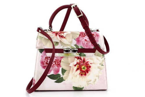 Handbag -traditional - (Beverly) - Fabric suede with floral pattern front view with shoulder strap attached.