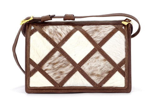 Handbag (Riley) Cross body bag - Brown patchwork Hair on cow hide, showing white side