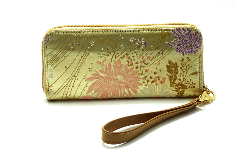 Purse - zip around - (Michaela) - Gold metallic flower fabric side one
