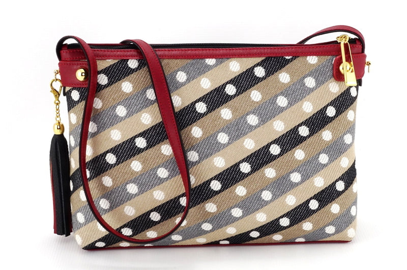 Tote bag small (Rosie) Light weight - Stripes & spot fabric with red trim showing outside with shoulder straps down