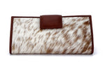 Purse - large clutch - (Willow) Hair on hide leather in tan colours showing front of purse