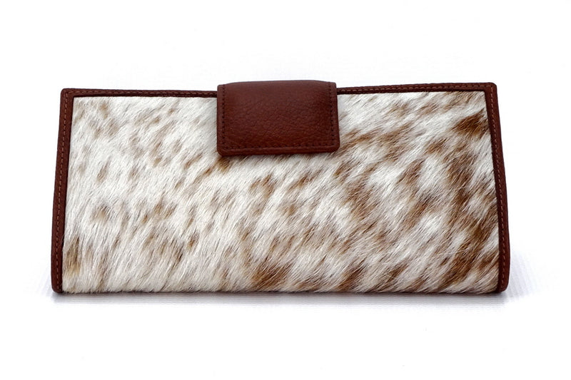 Purse - large clutch - (Willow) Hair on hide leather in tan colours showing front of purse