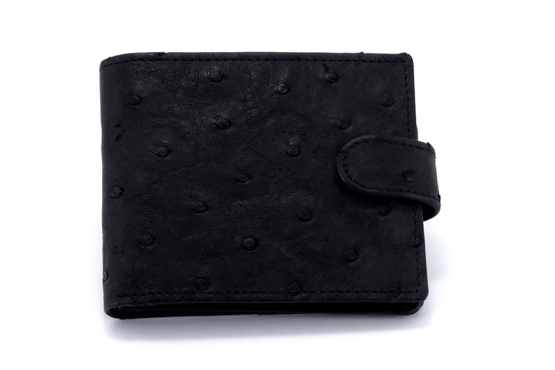 Wallet - large- (Harrison) Black ostrich skin leather with tab front view