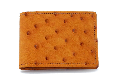 Wallet - small bi-fold - (Tristan)  Saddle tan Ostrich - picture flap front view