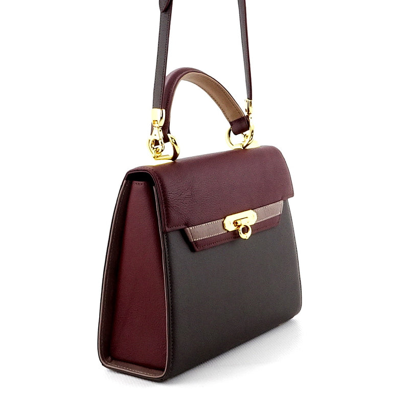 Handbag -traditional - (Beverly) Dark grey, burgundy & lilac showing shoulder strap attachment