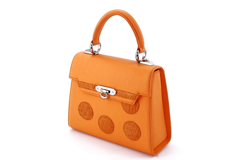 Handbag -traditional - (Beverly) Orange leather - orange crocodile showing angled view of front & gusset