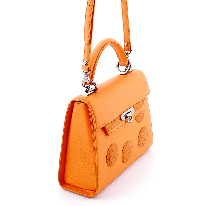 Handbag -traditional - (Beverly) Orange leather - orange crocodile showing fittings and shoulder strap attachment method
