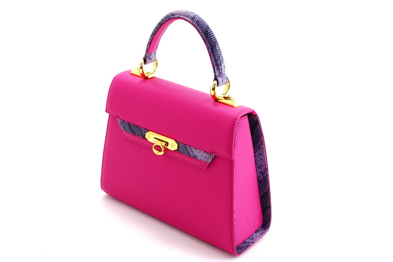 Handbag -traditional - (Beverly) - Fuchsia with lilac contrast leather showing the front and side gusset 