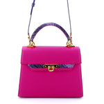 Handbag -traditional - (Beverly) - Fuchsia with lilac contrast leather showing shoulder strap attachment fittings