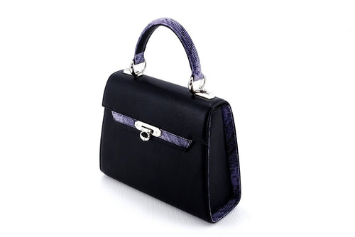 Handbag -traditional - (Beverly) - Black with lilac print contrast leather showing front of bag as well as detailing on gusset