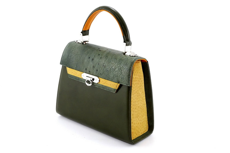 Handbag - traditional -(Beverly) Green, yellow, mango & olive leather - emu,ostrich & leather showing angled front view showing front & side