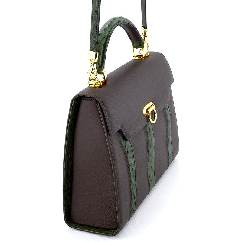 Handbag -traditional - (Joan) Grey & green combination & gold fittings.  Mid grey leather with green ostrich skin leather showing side view 