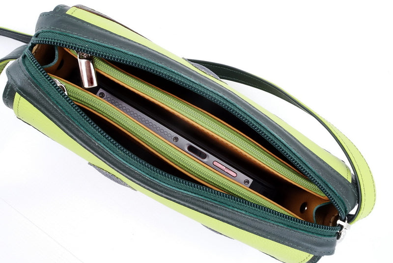 Handbag - small - (Riley) Cross body bag - Lime, green, grey & brown showing a large mobile phone in centre pocket