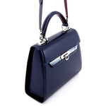 Handbag - traditional -(Beverly) Navy blue & burgundy & blue leather showing strap attachment