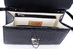 Handbag - cross body - (Tanya)  Black Glaze crocodile. Black glaze Australian saltwater crocodile leather handbag. This photo showing the inside of the bag from the top. This shows how the shoulder straps are attached to the underside of the lid,