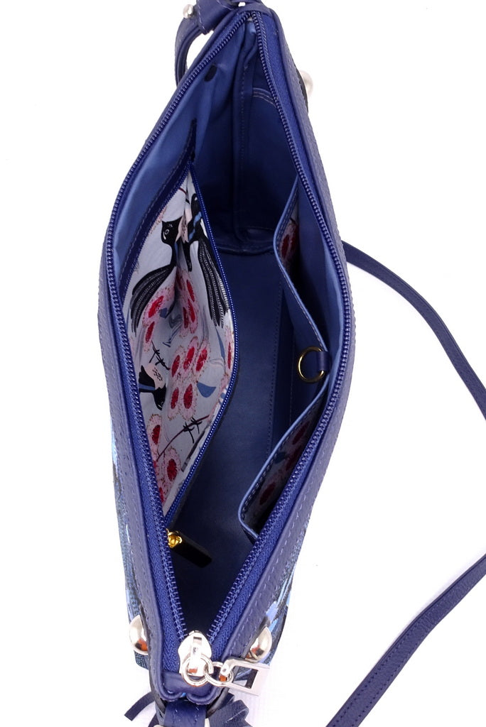 Tote Bag - small - (Rosie) Aboriginal print fabric with navy blue leather, showing fabric linings of internal pockets