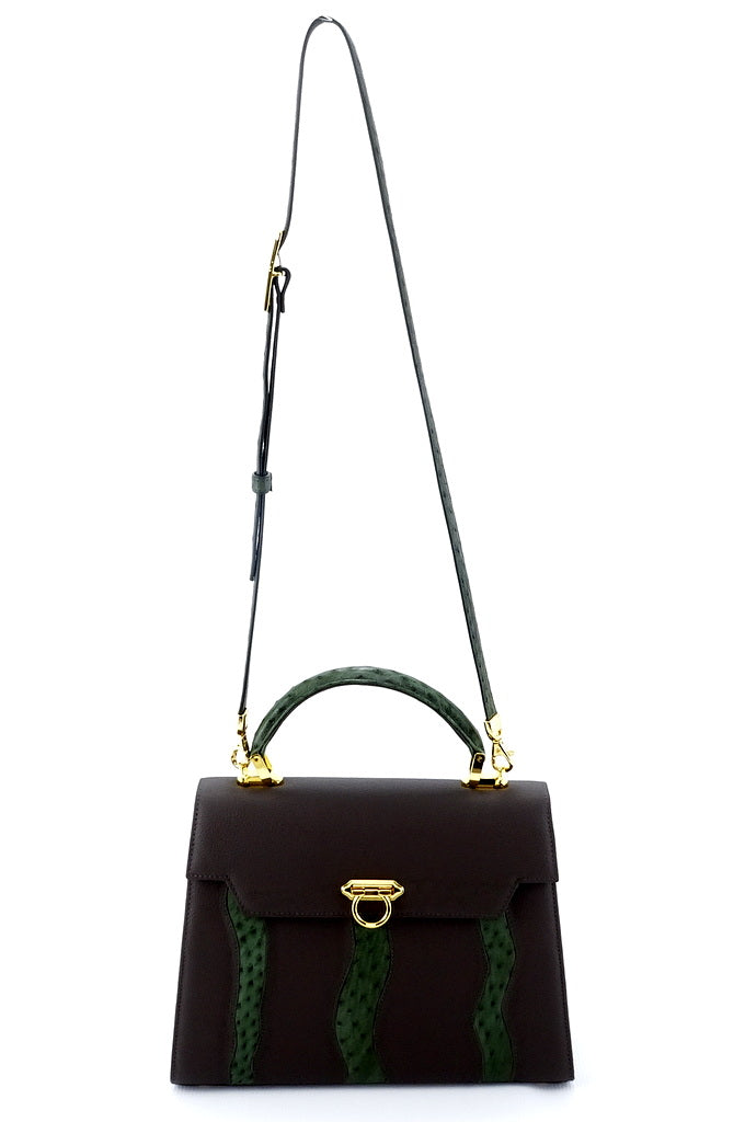 Handbag -traditional - (Joan) Grey & green combination & gold fittings.  Mid grey leather with green ostrich skin leather showing front view with shoulder straps extended