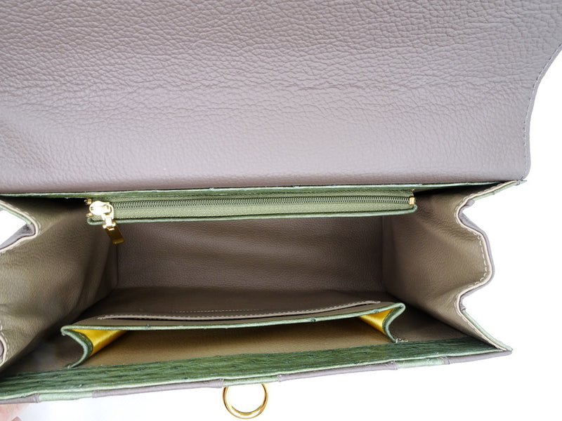 Handbag -traditional - (Joan) Grey & green combination & gold fittings.  Mid grey leather with green ostrich skin leather showing inside pocket layout