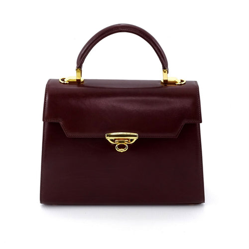 Handbag -traditional - (Joan) Brown gloss leather with gold fittings showing flat front view